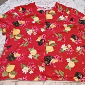 CJ Banks‎ 2X Women Shirt Top Button up Knit Lemon/Cherries/Floral 100% Cotton